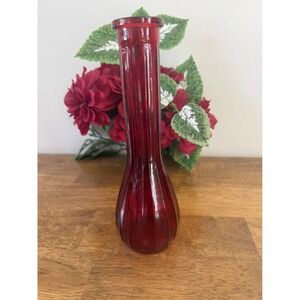 Vintage Ruby Red Ribbed‎ Glass Vase Retro Mid Century Decor Retro Floral Styling